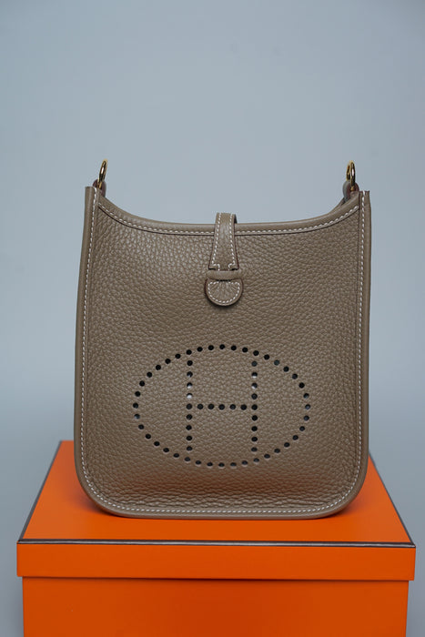 Hermes Mini Evelyne in Etoupe Ghw, Bleu Indigo Straps (Brand New)