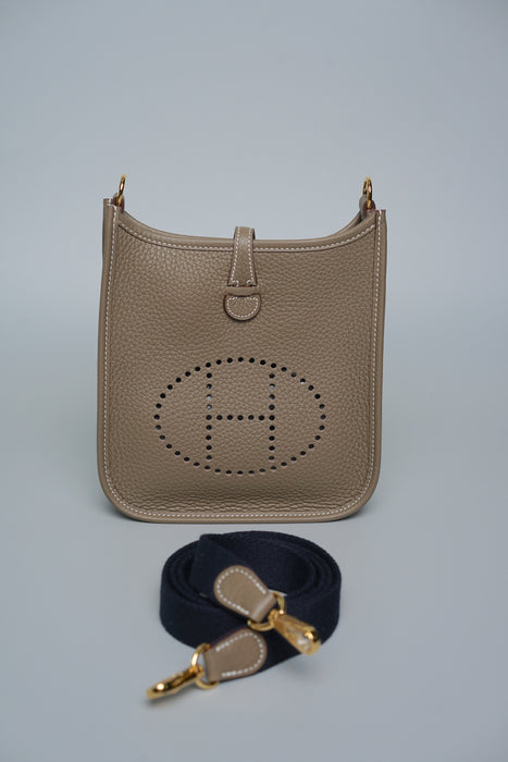 Hermes Mini Evelyne in Etoupe Ghw, Bleu Indigo Straps (Brand New)