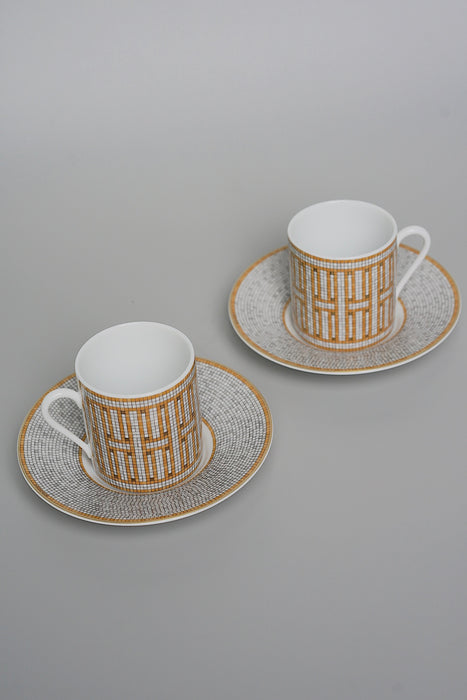 Hermes Mosaique Au 24 gold coffee cup and Saucer Set of 2 (Brand New)