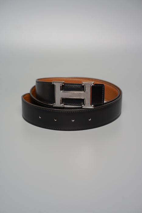 Hermes H Guillochee Reversible Belt in Black/Gold Phw Size 95