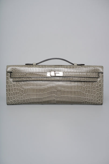 Hermes Kelly Cut in Gris T Shiny Porosus Phw