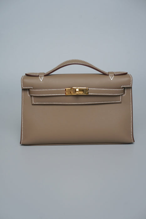 Hermes Kelly Pochette in Etoupe Swift Ghw (Brand New)
