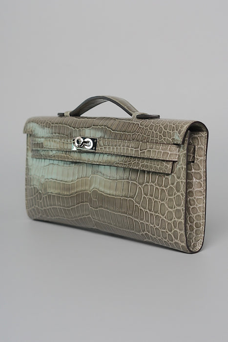 Hermes Kelly Cut in Gris T Shiny Porosus Phw