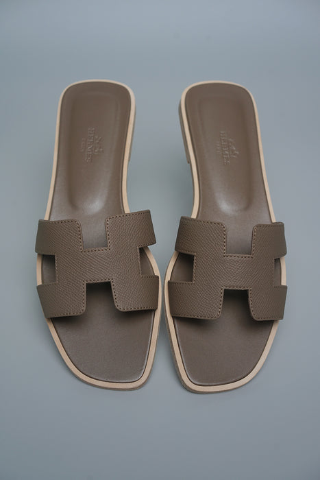 Hermes Oran Sandals in Etoupe Size 38.5 (Brand New)