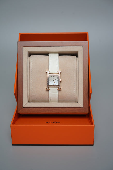 Hermes Heure H Watch with Diamond, Medium Model in Blanc Rghw (Brand New)