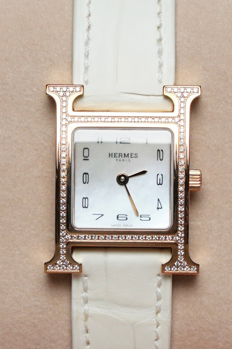 Hermes Heure H Watch with Diamond, Medium Model in Blanc Rghw (Brand New)