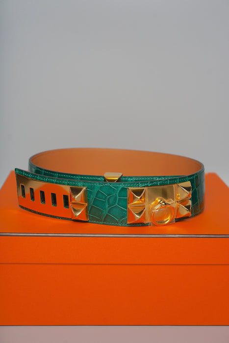 Hermes Collier de Chien Belt in Green Crocodile Leather Ghw, Size 70 (Brand New)