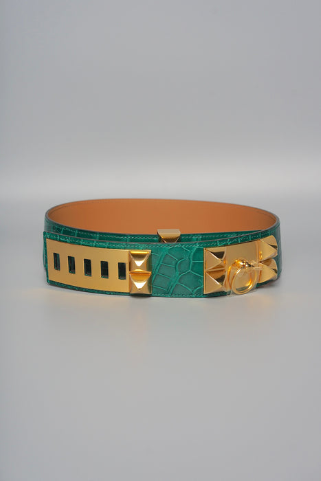 Hermes Collier de Chien Belt in Green Crocodile Leather Ghw, Size 70 (Brand New)
