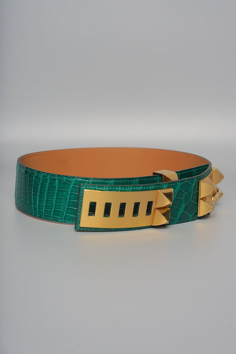 Hermes Collier de Chien Belt in Green Crocodile Leather Ghw, Size 70 (Brand New)