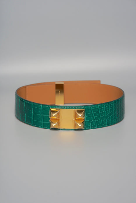 Hermes Collier de Chien Belt in Green Crocodile Leather Ghw, Size 70 (Brand New)