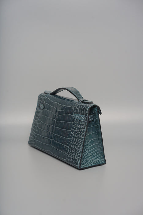 Hermes Kelly Pochette in Vert Bosphere Shiny Alligator Phw