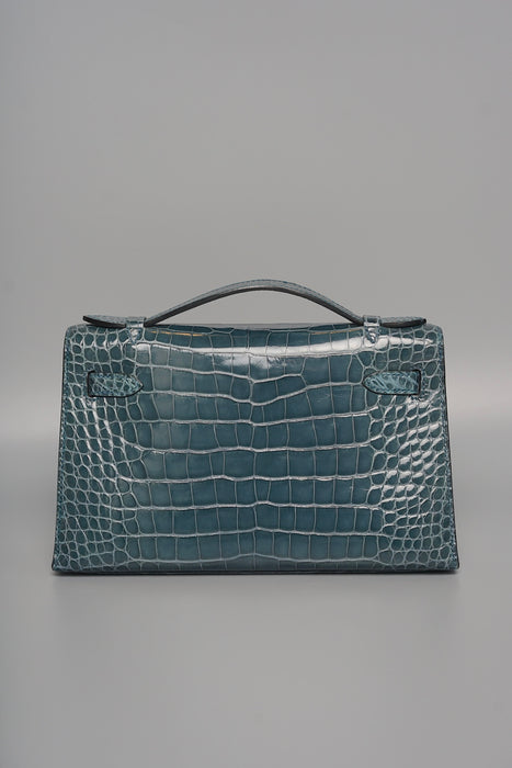 Hermes Kelly Pochette in Vert Bosphere Shiny Alligator Phw