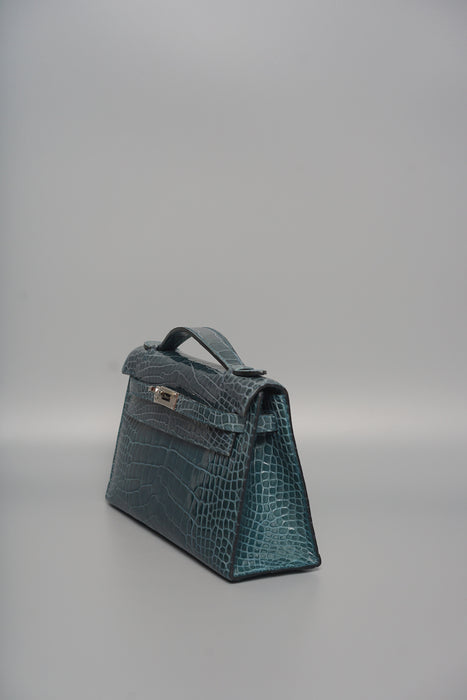 Hermes Kelly Pochette in Vert Bosphere Shiny Alligator Phw