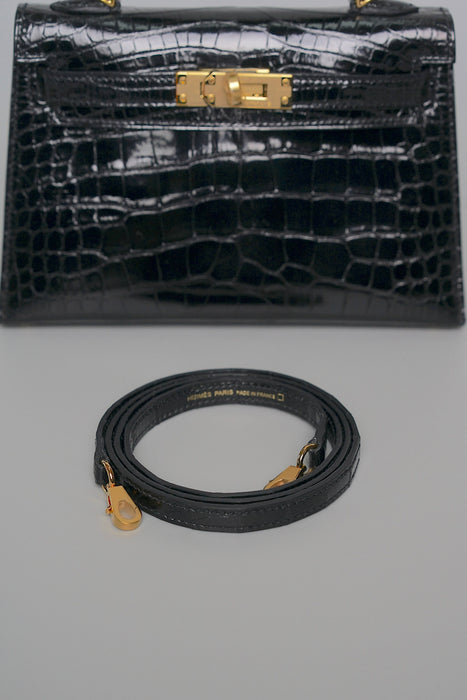 Hermes Kelly 20 in Black Shiny Alligator Ghw