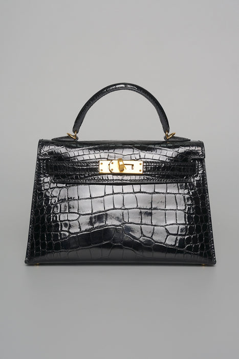 Hermes Kelly 20 in Black Shiny Alligator Ghw