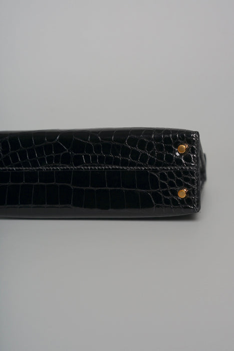 Hermes Kelly 20 in Black Shiny Alligator Ghw