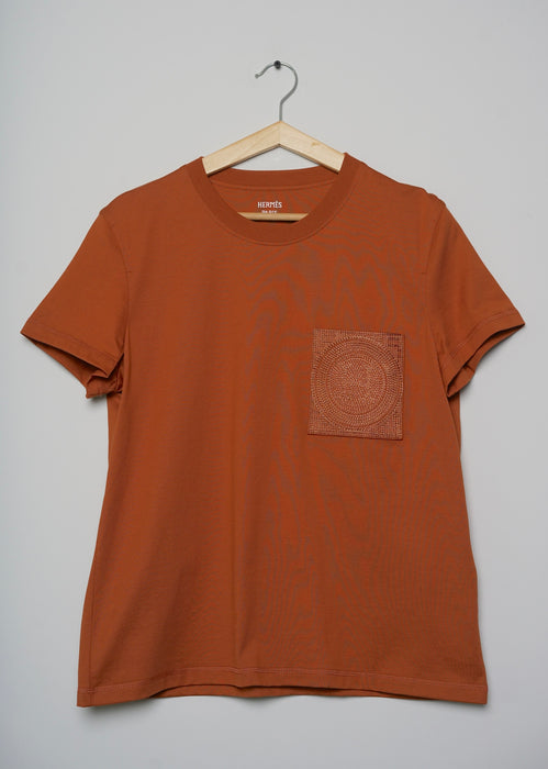 Hermes Embroidered Pocket T-Shirt in Marron Alezan Size 38 (Brand New)