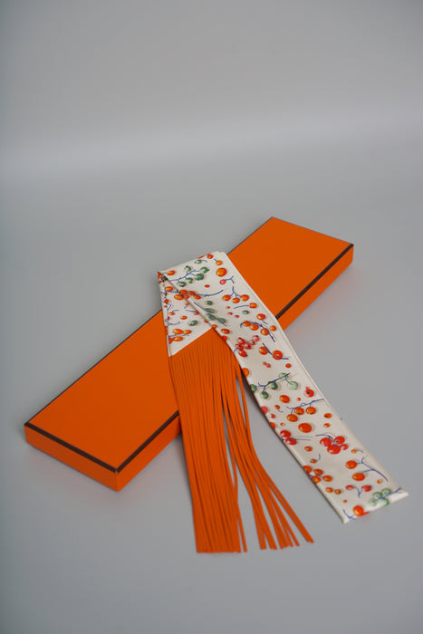 Hermes Berries Leather Fringed Silk Twilly (Brand New)