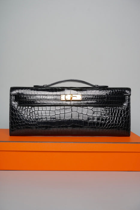 Hermes Kelly Cut in Black Shiny Porosus Ghw