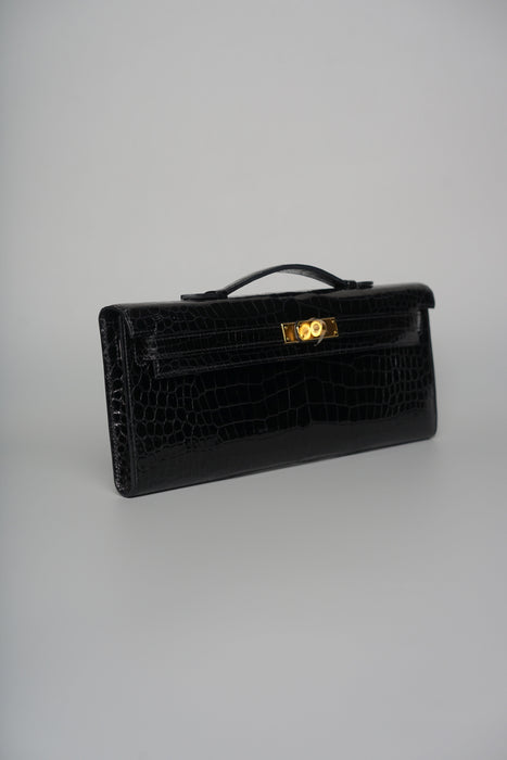 Hermes Kelly Cut in Black Shiny Porosus Ghw