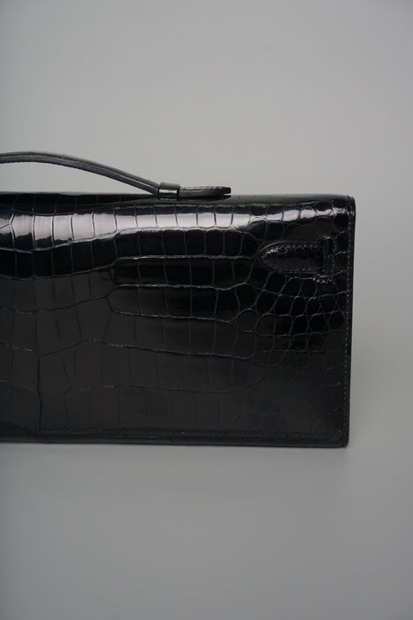 Hermes Kelly Cut in Black Shiny Porosus Ghw