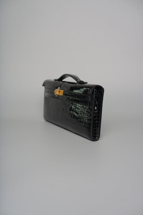 Hermes Kelly Cut in Black Shiny Porosus Ghw