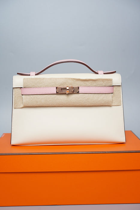 Hermes HSS Kelly Pochette in Nata / Rose Sakura Rghw (Brand New)