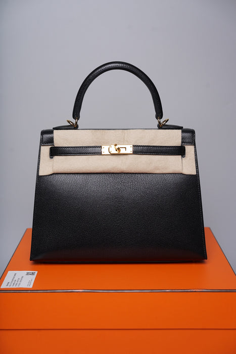 Hermes Kelly 25 Sellier in Noir Chevre Chamkila Ghw (Brand New)