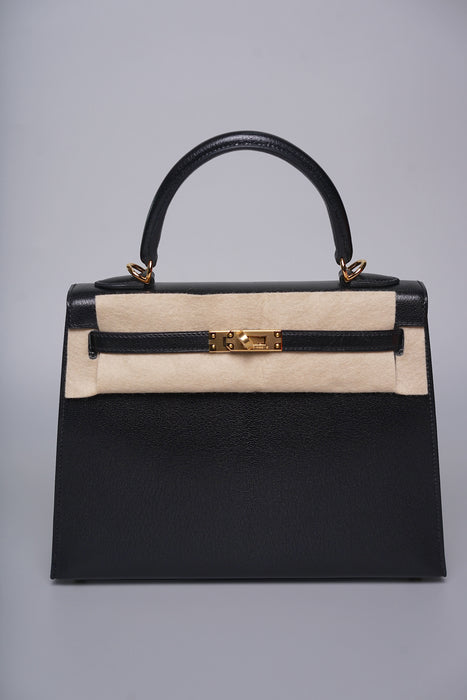 Hermes Kelly 25 Sellier in Noir Chevre Chamkila Ghw (Brand New)