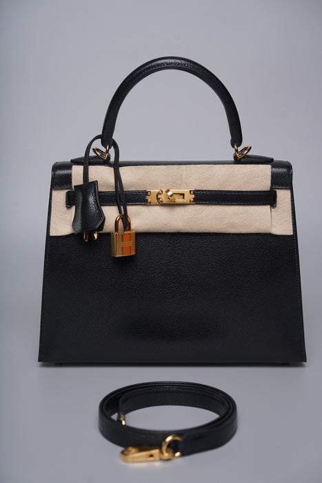 Hermes Kelly 25 Sellier in Noir Chevre Chamkila Ghw (Brand New)