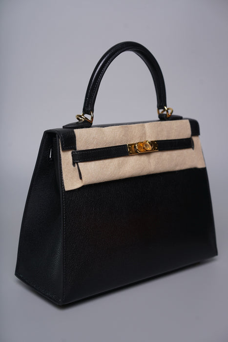 Hermes Kelly 25 Sellier in Noir Chevre Chamkila Ghw (Brand New)