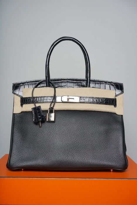 Hermes Birkin 30 Touch in Black Novillo Shiny Alligator Phw