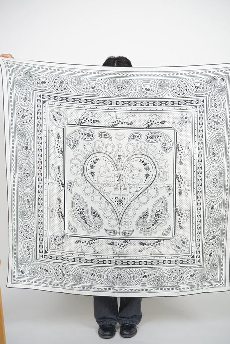 ⁠Hermes Cheval de Coeur Bandana Shawl 140 in Blanc/Noir (Brand New)