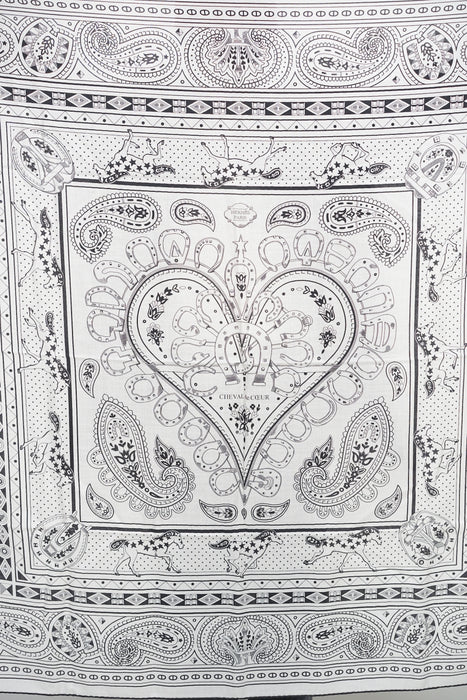 ⁠Hermes Cheval de Coeur Bandana Shawl 140 in Blanc/Noir (Brand New)