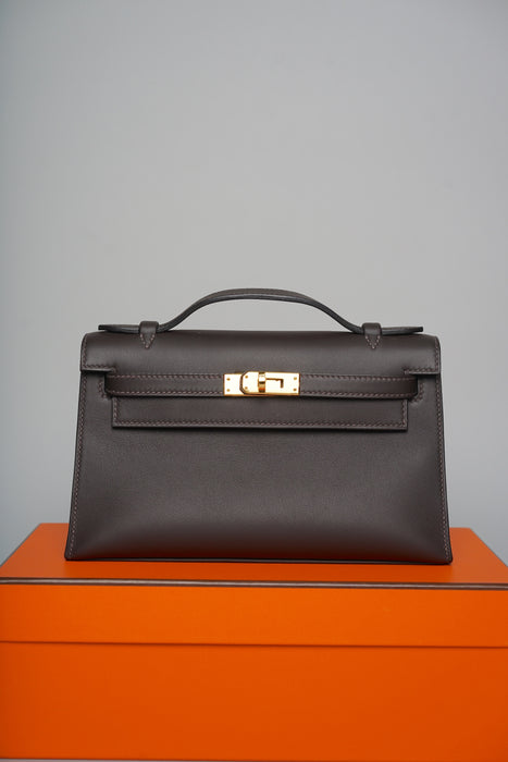 Hermes Kelly Pochette in Bai Brun Swift Ghw (Brand New)