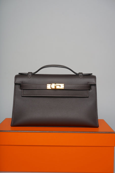 Hermes Kelly Pochette in Bai Brun Swift Ghw (Brand New)