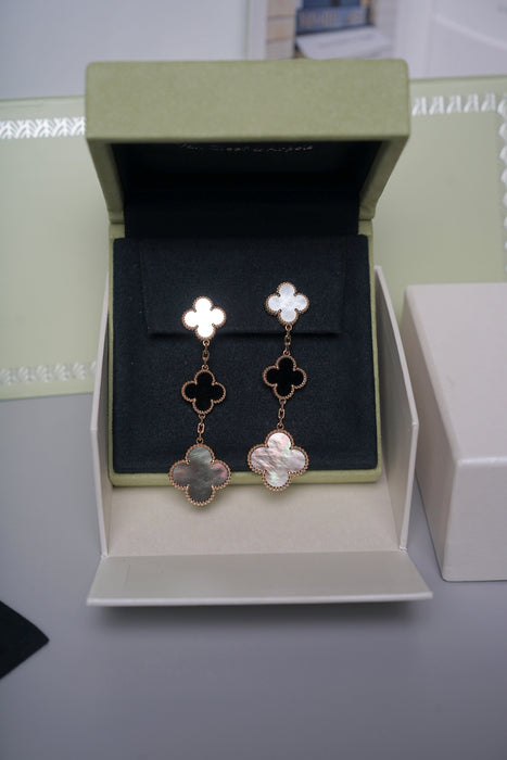 VCA Magic Alhambra earrings, 3 motifs in Onyx, White Gold (Brand New)