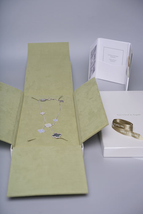 VCA Magic Alhambra necklace, 6 motifs in White Gold, White and Grey (Brand New)