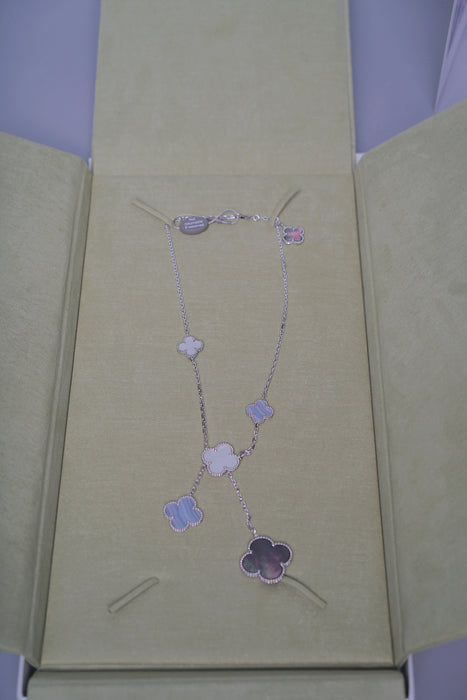 VCA Magic Alhambra necklace, 6 motifs in White Gold, White and Grey (Brand New)