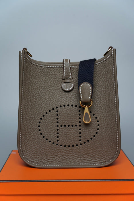 Hermes Mini Evelyne Short in Etoupe / Bleu Indigo Ghw (Brand New)