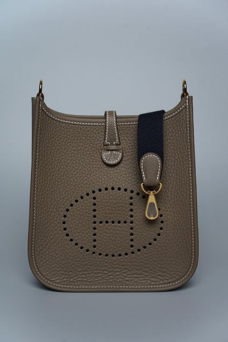 Hermes Mini Evelyne Short in Etoupe / Bleu Indigo Ghw (Brand New)
