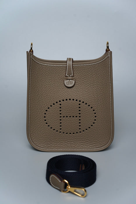 Hermes Mini Evelyne Short in Etoupe / Bleu Indigo Ghw (Brand New)