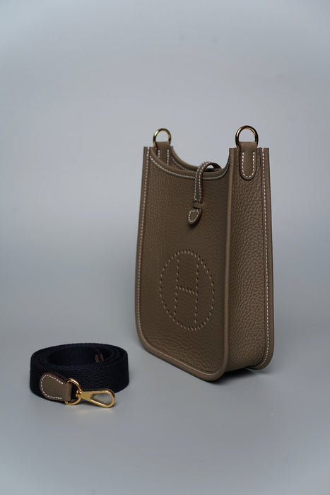 Hermes Mini Evelyne Short in Etoupe / Bleu Indigo Ghw (Brand New)