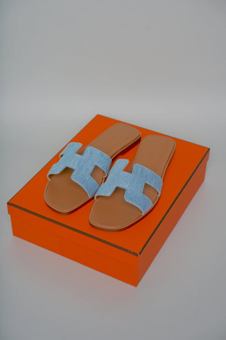 Hermes Oran Sandals in Denim Bleu Clair Size 37.5 (Brand New)