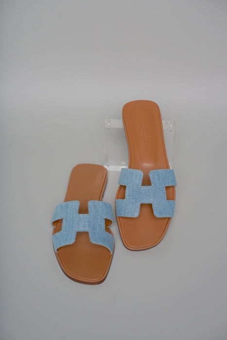 Hermes Oran Sandals in Denim Bleu Clair Size 37.5 (Brand New)