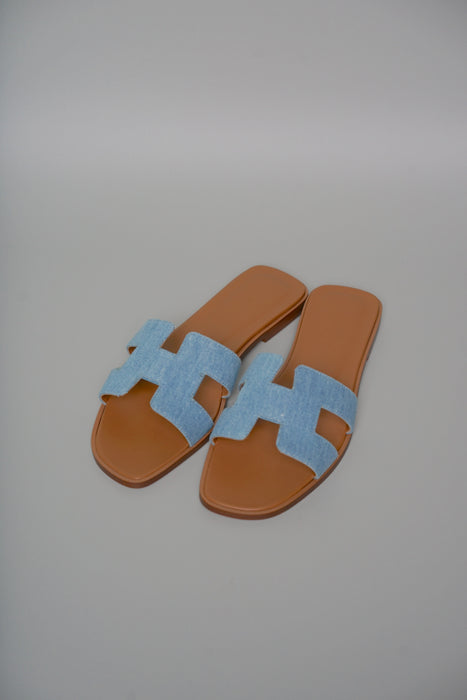 Hermes Oran Sandals in Denim Bleu Clair Size 37.5 (Brand New)