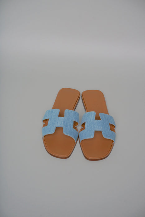 Hermes Oran Sandals in Denim Bleu Clair Size 37.5 (Brand New)