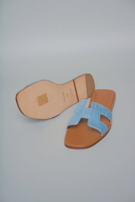 Hermes Oran Sandals in Denim Bleu Clair Size 37.5 (Brand New)