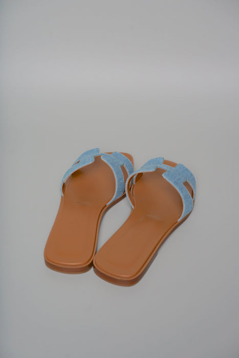 Hermes Oran Sandals in Denim Bleu Clair Size 37.5 (Brand New)
