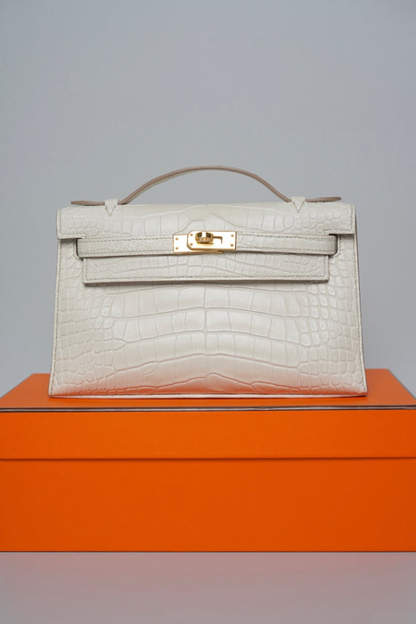 Hermes Kelly Pochette in Beton Matte Alligator Ghw (Brand New)